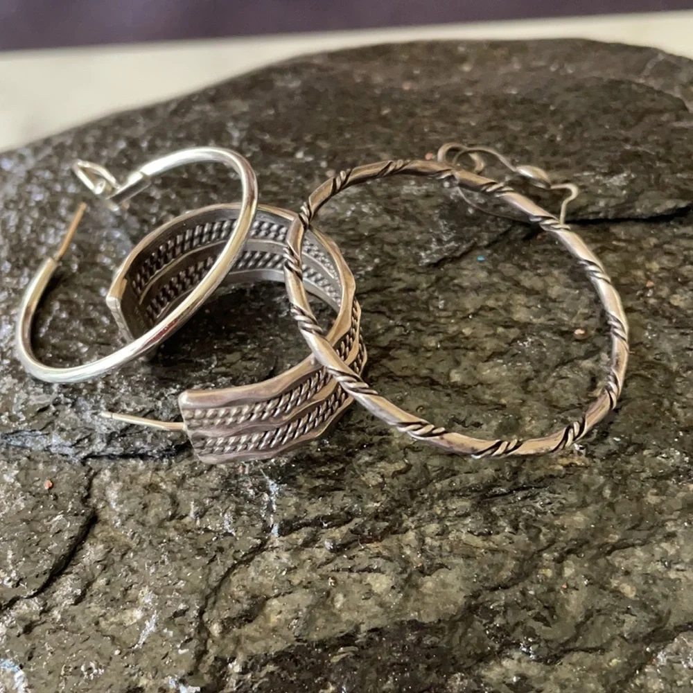 Native American Three Solo Sterling Cuff and Hoops Earrings
